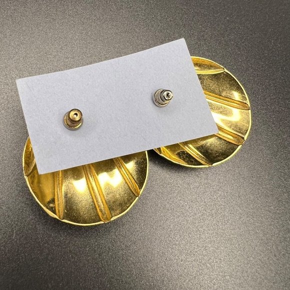 VINTAGE Circle Round Striped Gold Tone Yellow Blue Earrings - Picture 4 of 6